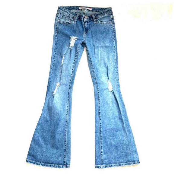 Standards and Practices Distressed Holey Bell Bottom Flare Blue Jeans - Picture 1 of 11